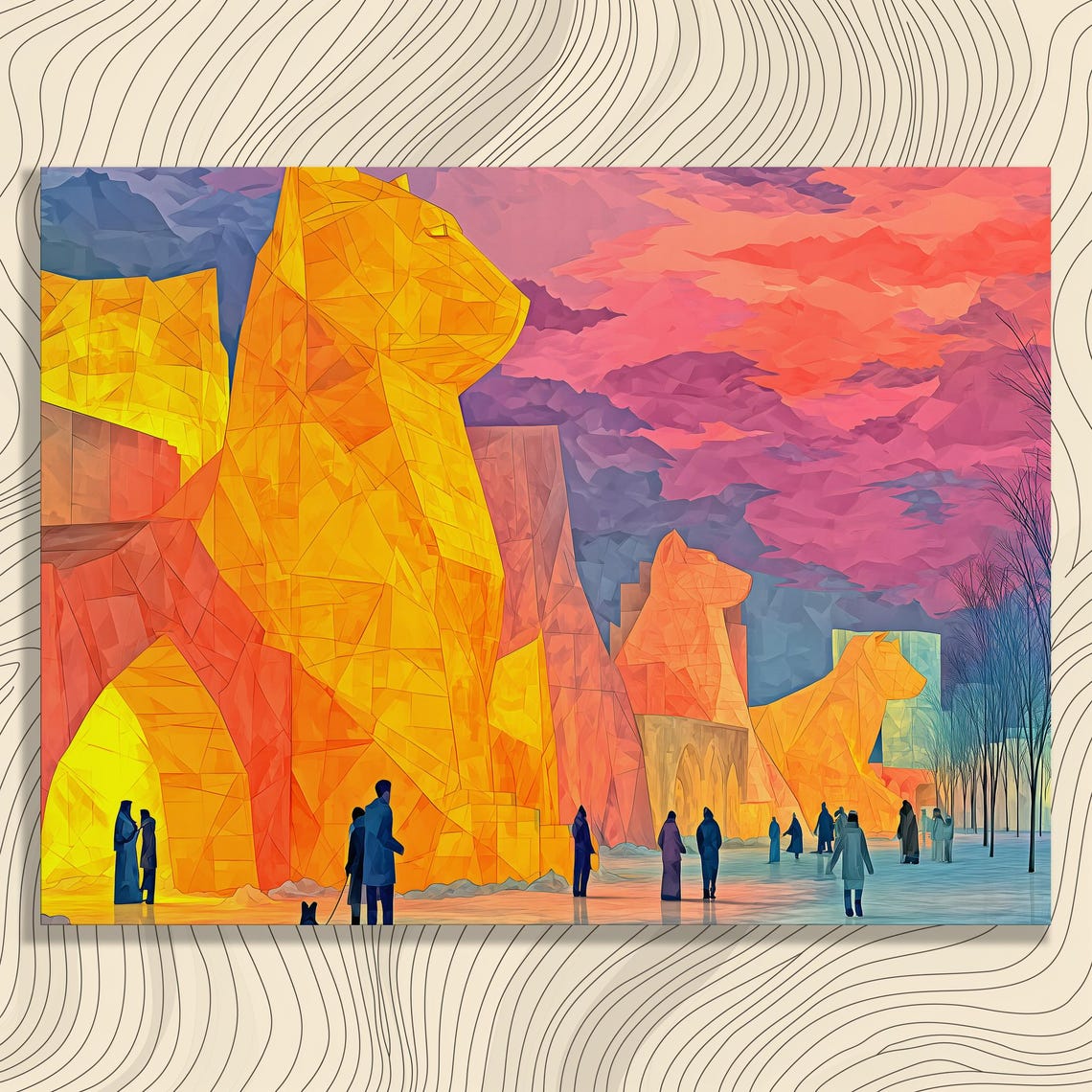 Geometric Golden Cat Sculptures Sunset Low Poly Artwork Poster