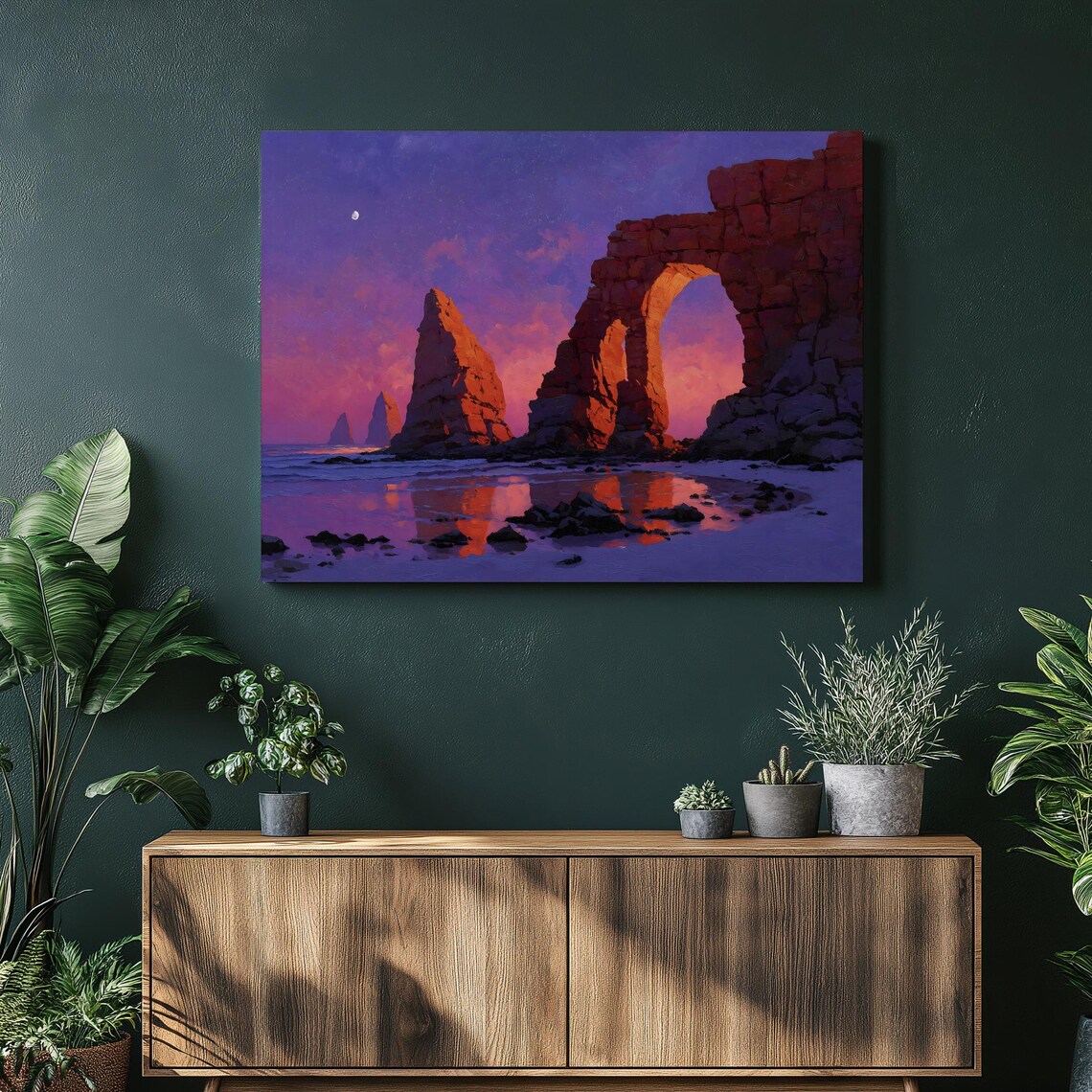 Violet Sunset Coastal Rock Arch Sea Cliffs Ocean Dusk Painting Poster