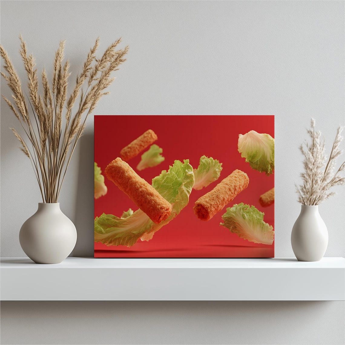 Mozzarella Sticks Floating Red Background Food Photo Wall Art
