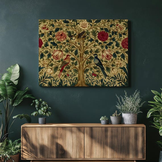 Tree Of Life Canvas Wall Art Vintage Botanical Birds And Roses Pattern Bohemian Arts Crafts Inspired Nature Decor Giclee Print