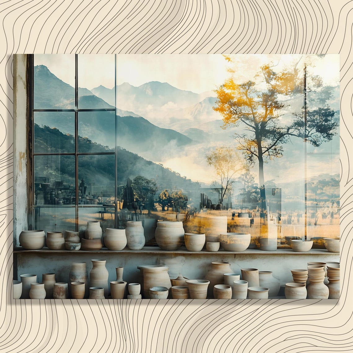 Pottery Workshop Window Canvas Wall Art Ceramic Vases And Clay Pots With Mountain View Rustic Studio Reflection Artisan Decor