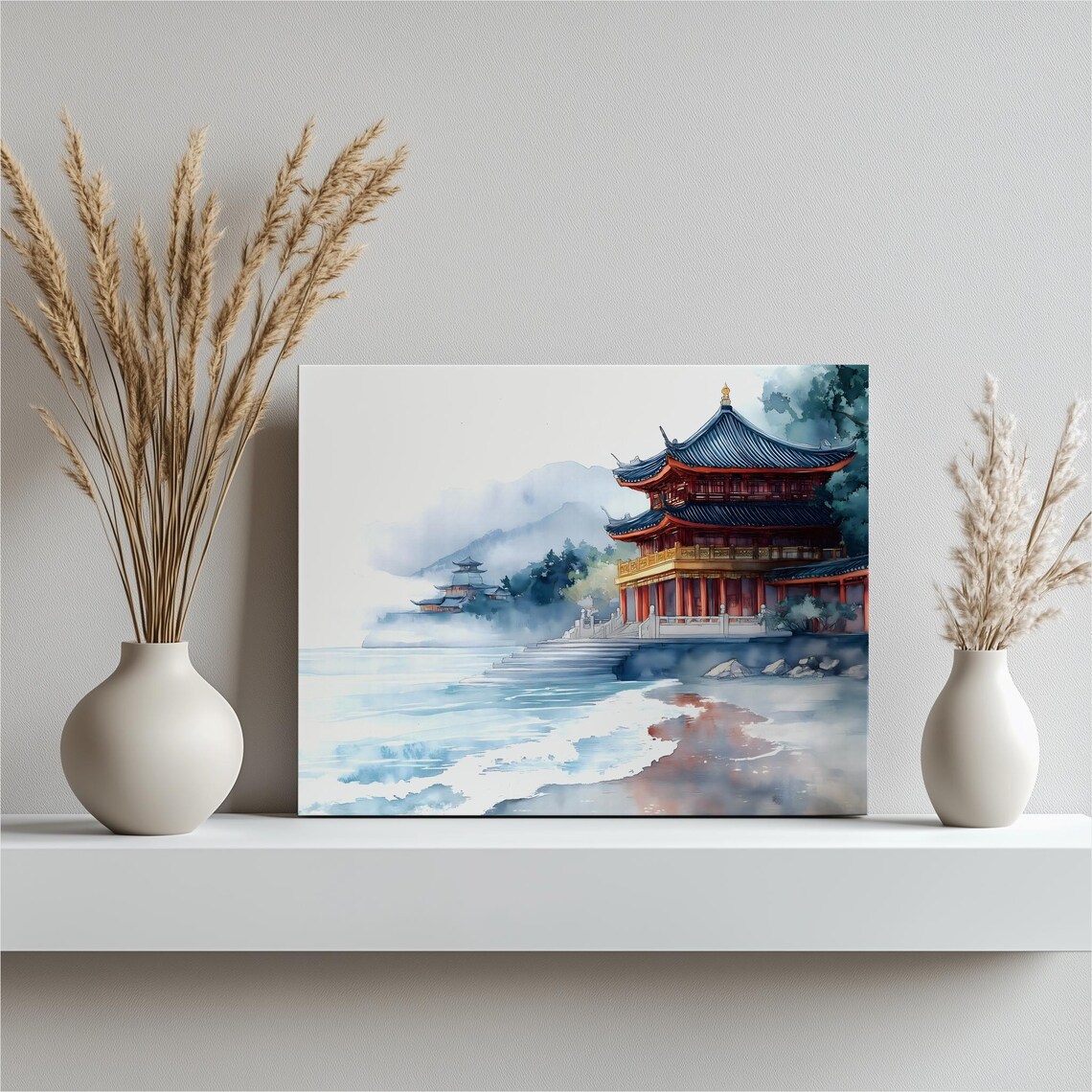 Chinese Seaside Temple Pagoda Misty Coast Watercolor Art Poster