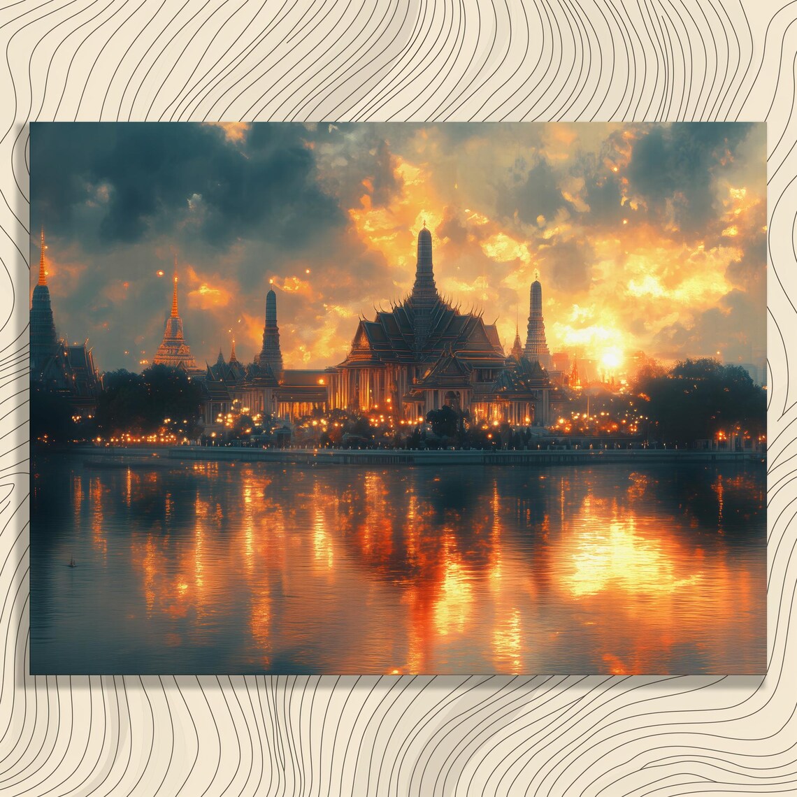 Bangkok Grand Palace Sunset River Reflection Golden Hour Poster