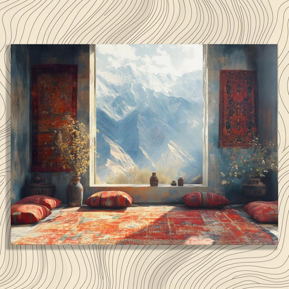 Vintage Mountain Canvas Wall Art Bohemian Decor Red Orange Nature Window View Print Cozy Textile Design Hand Painted Scene