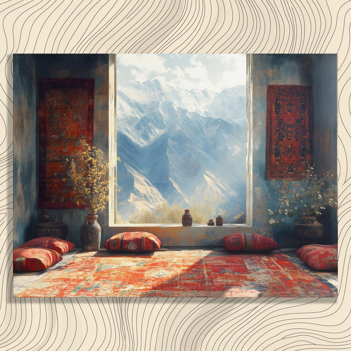 Snowy Mountain Window View Cozy Room With Red Rugs Art Poster