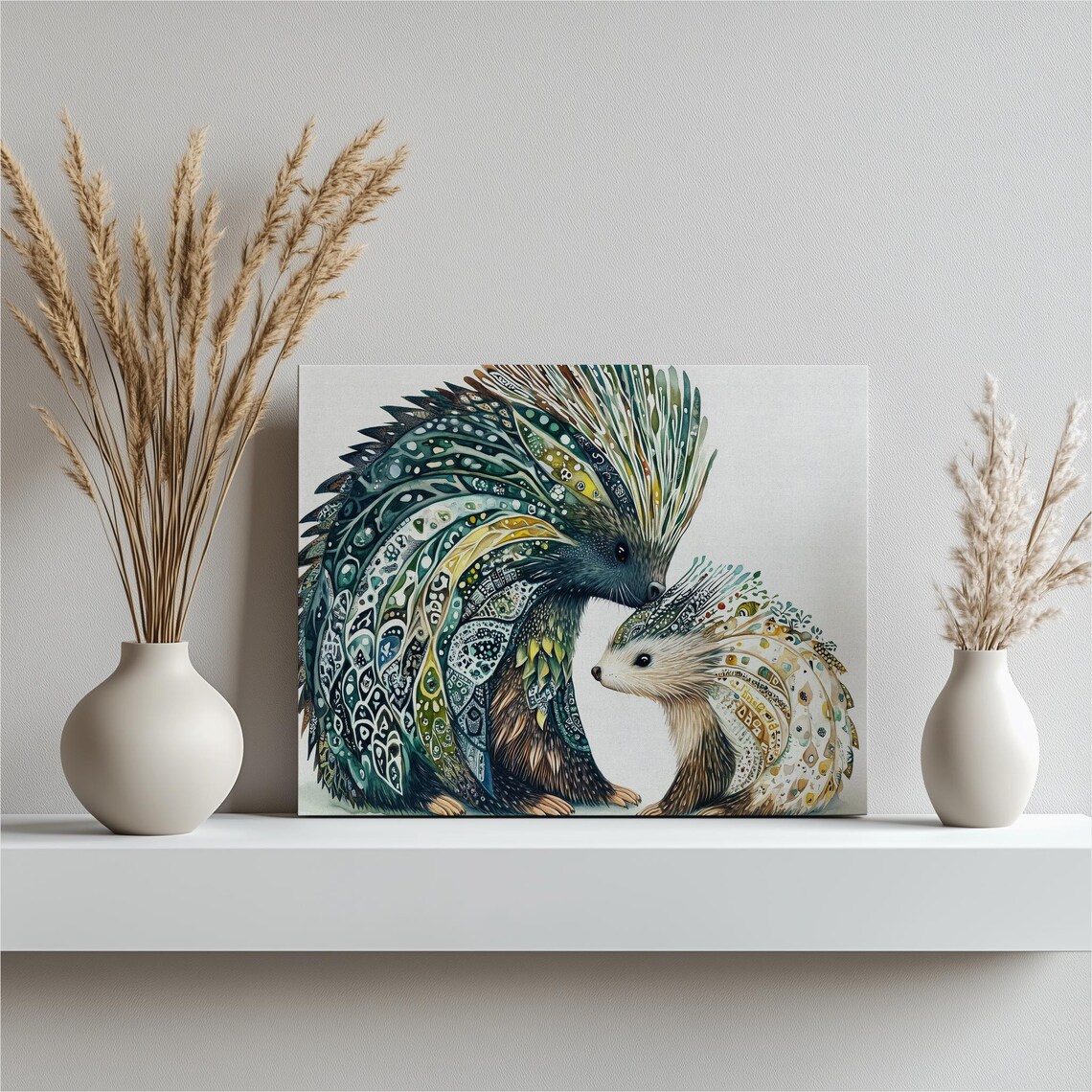 Hedgehog Mother And Baby Intricate Zentangle Boho Style Wall Art