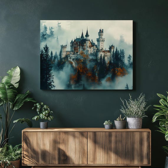 Misty Mountain Castle Canvas Wall Art Foggy Pine Forest Fantasy Fortress With Turrets And Autumn Trees Moody Landscape Print Decor