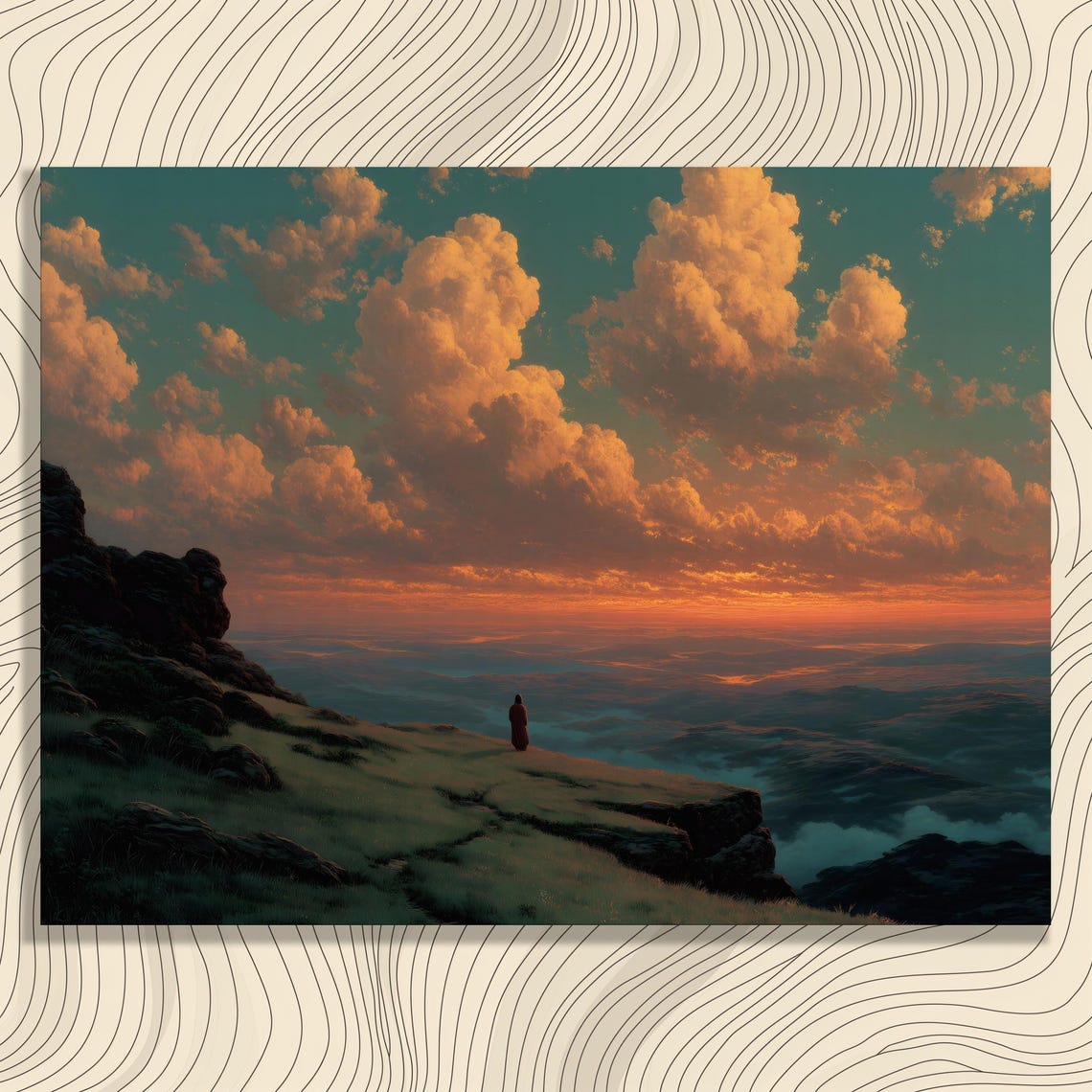 Epic Sunset Clouds with Lone Figure on Cliff Dramatic Sky Poster