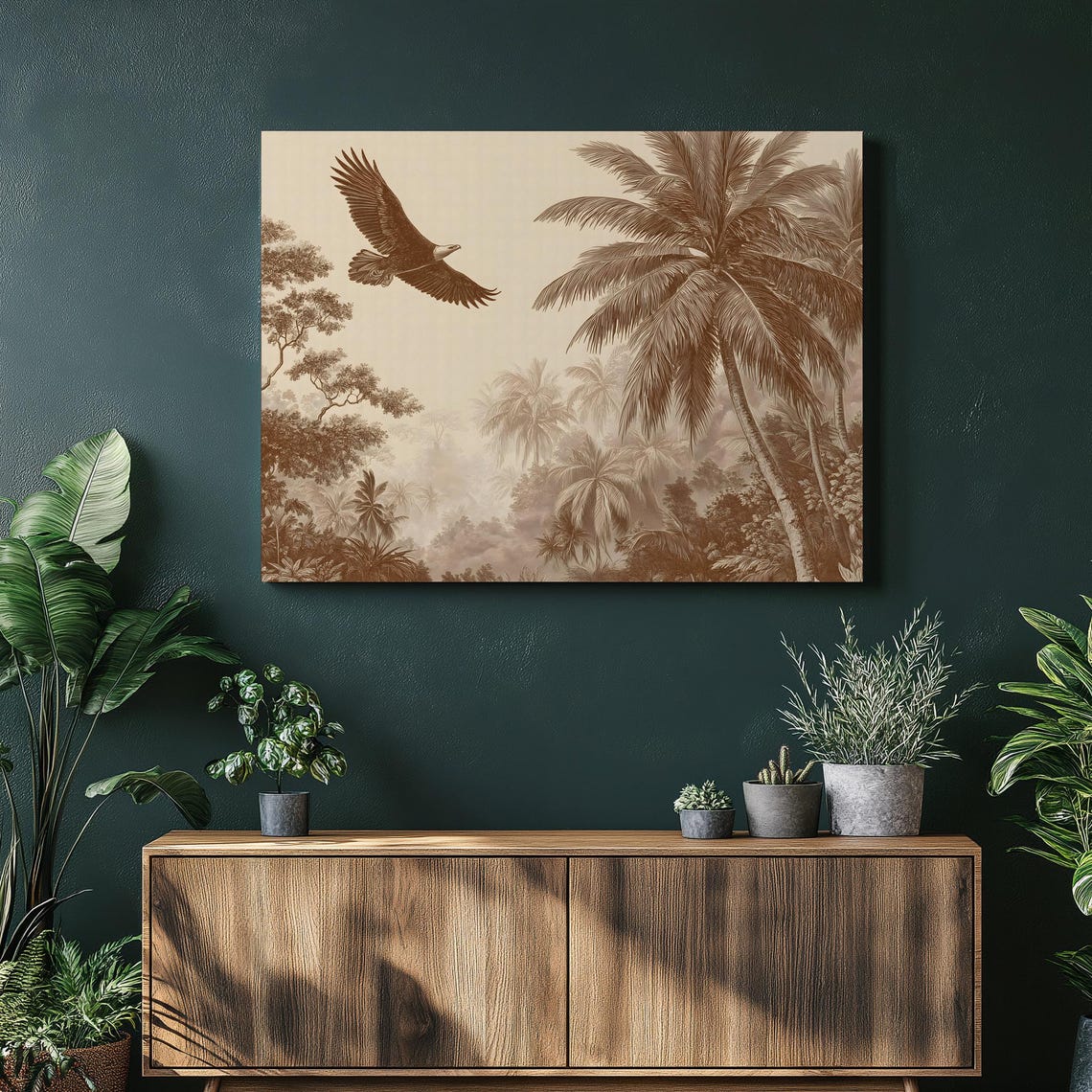 Vintage Sepia Eagle Soaring Palm Jungle Engraving Bird Art Poster