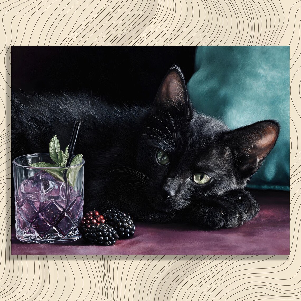 Black Cat With Purple Berry Cocktail Still Life Dark Cozy Painting Wall Art