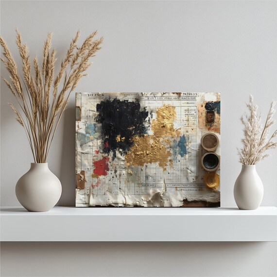Abstract Black Gold Canvas Wall Art Textured Mixed Media Print With Leaf Accents On Vintage Ledger Paper Modern Monochrome Decor