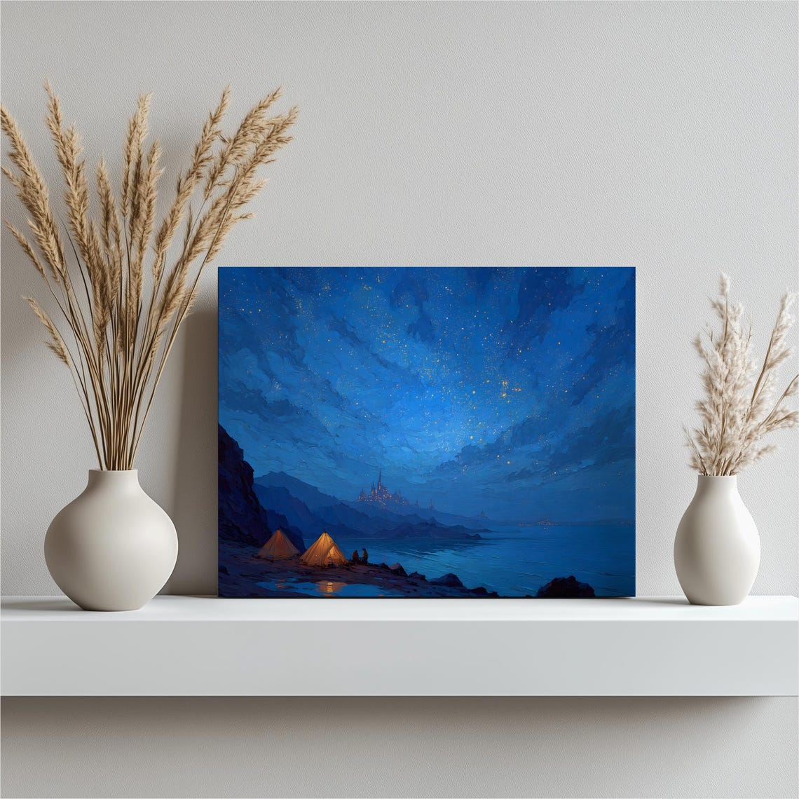 Starry Coastal Camping Canvas Wall Art Night Sky Seascape With Glowing Tents Ocean Water Reflections Rocky Coast Scenery Print