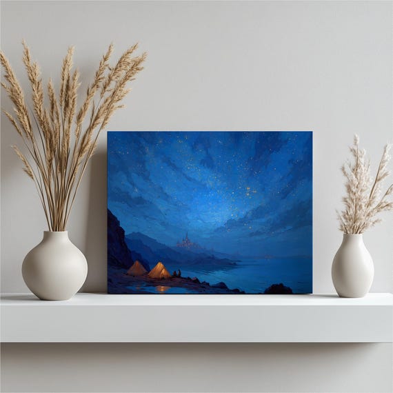 Starry Coastal Camping Canvas Wall Art Night Sky Seascape With Glowing Tents Ocean Water Reflections Rocky Coast Scenery Print