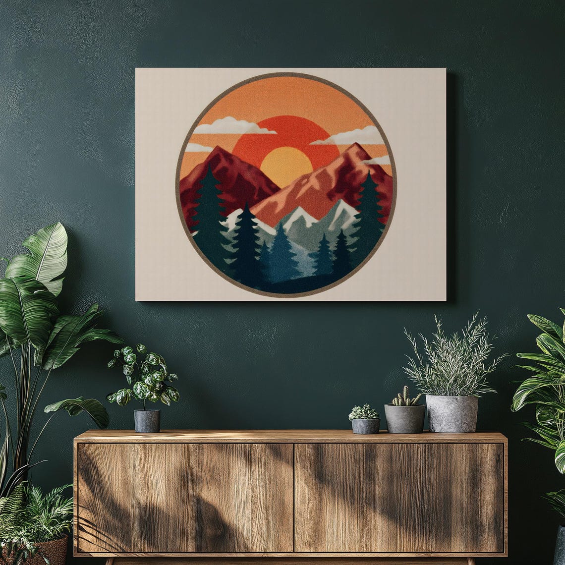 Retro Circle Sunset Mountain Poster Vintage Pine Forest Landscape