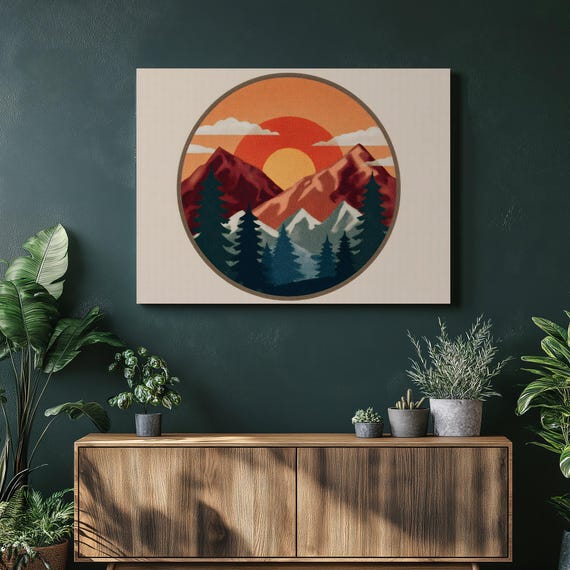 Retro Mountain Sunset Canvas Wall Art Vintage Landscape Pine Trees Sunrise Scenery Wilderness Lodge Style Outdoor Adventure Circle Design