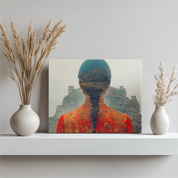 Double Exposure Portrait Canvas Wall Art Braided Woman In Red Dress With Mountain Landscape