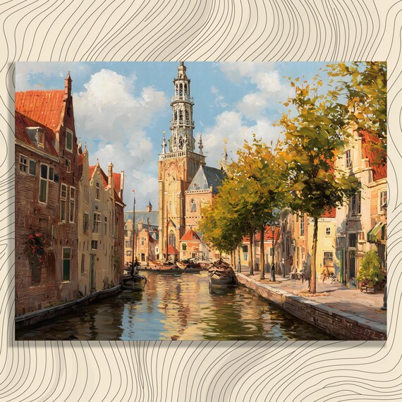 Sunlit Canal Cityscape Canvas Wall Art European Painting With Boats Church Spire Reflections Print Decor Travel Gift