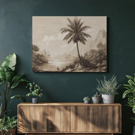 Vintage Sepia Tropical Palm Island Coast Landscape Scenic Poster