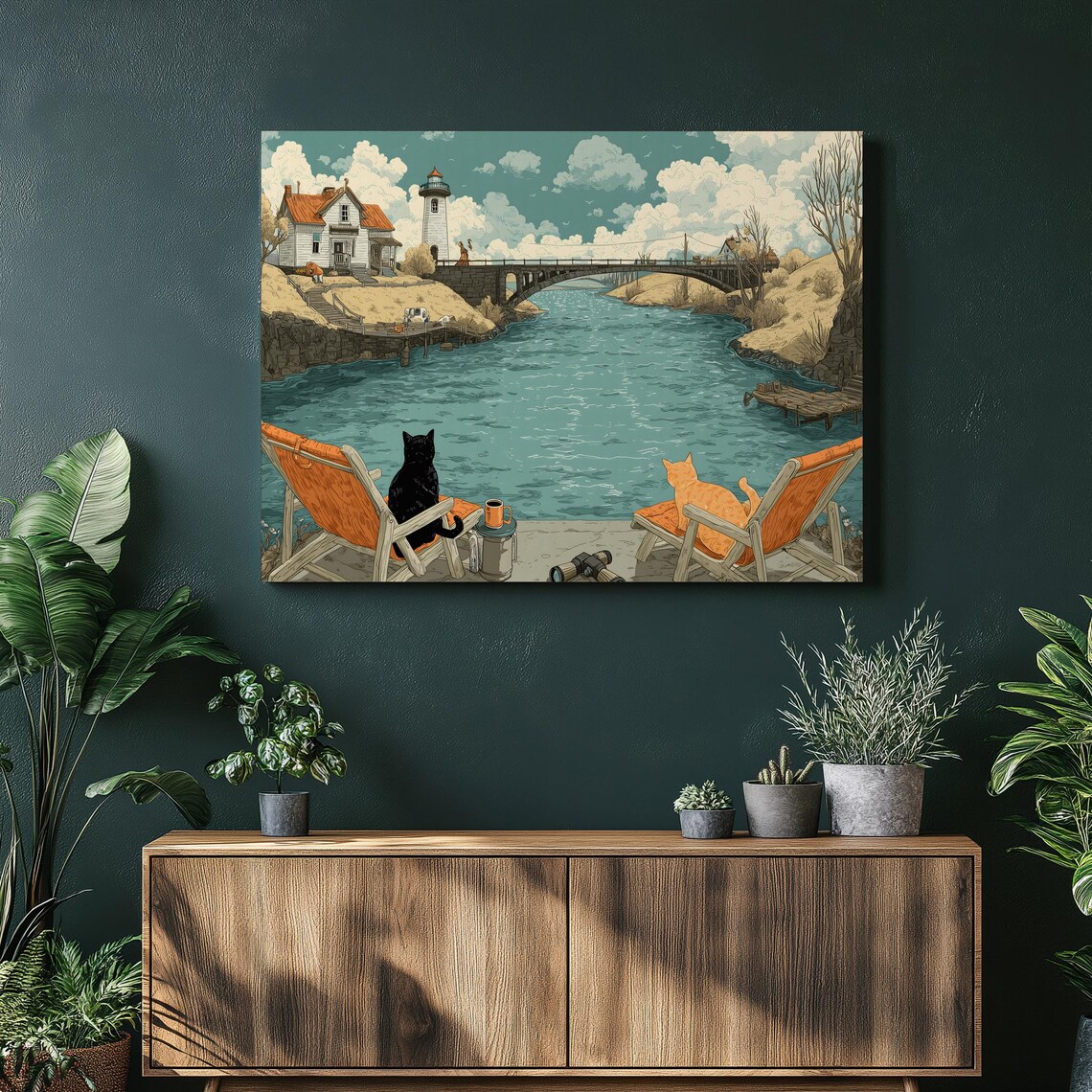 Two Cats Lounge Chairs Lighthouse River Bridge Coastal Scene Art Poster