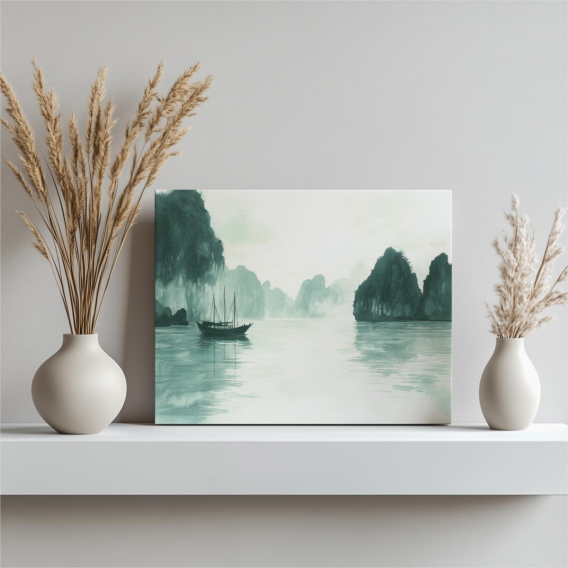 Halong Bay Misty Watercolor Boat Vietnam Emerald Seascape Art Print