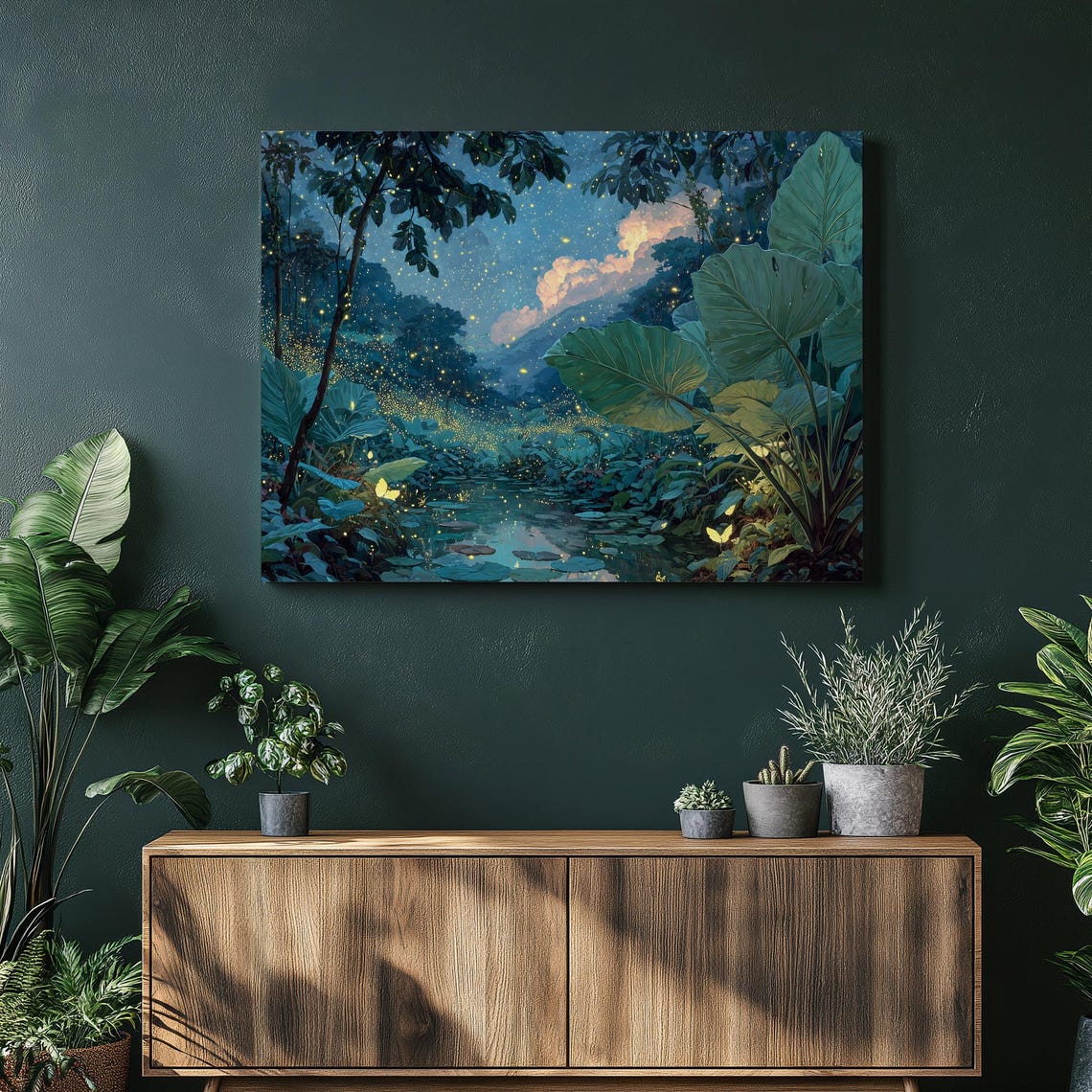Firefly Forest Moonlit Tropical Pond Glowing Night Nature Print