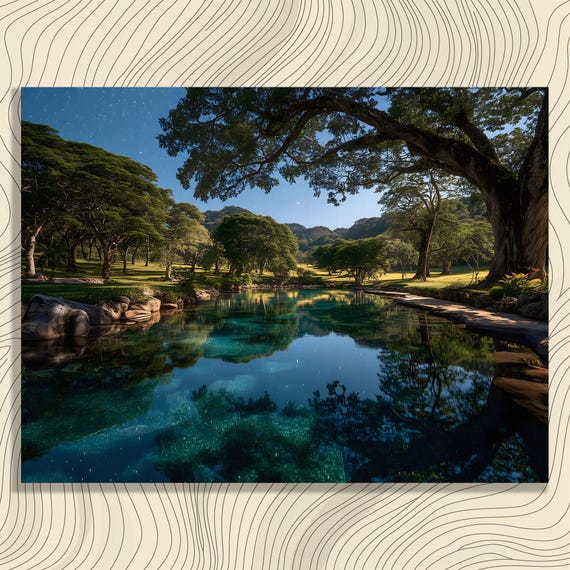 Tropical Night Landscape Canvas Wall Art Starry Sky Moonlit Pond Reflection Nature Decor Rainforest Green Artwork