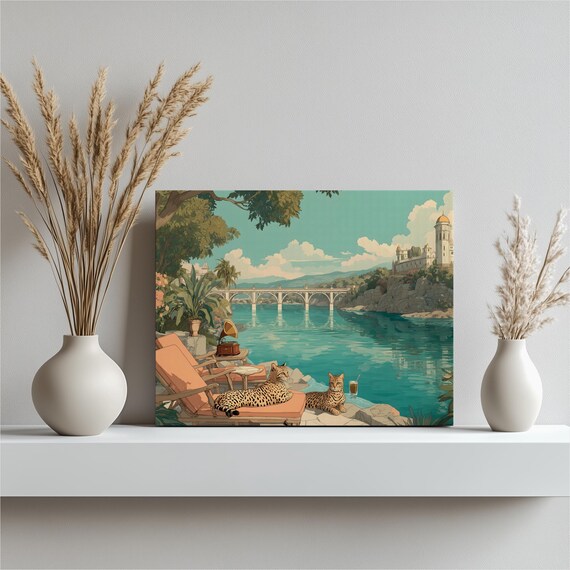 Cheetahs Lounging Vintage Tropical Seaside Villa Illustration Wall Art