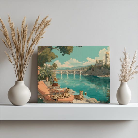 Coastal Cats Canvas Wall Art Tropical Vintage Seaside Illustration With Arched Bridge Turquoise Water Mediterranean Villa Summer Print