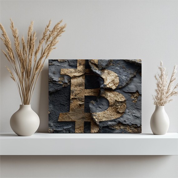 Golden Bitcoin Canvas Wall Art Currency Print Modern Finance Decor Texture Gold Metallic Abstract Crypto