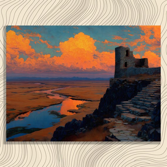 Dramatic Ruined Castle Canvas Wall Art Meandering River At Sunset Sky Cliffside Ruins Water Reflections Rustic Decor Landscape Print