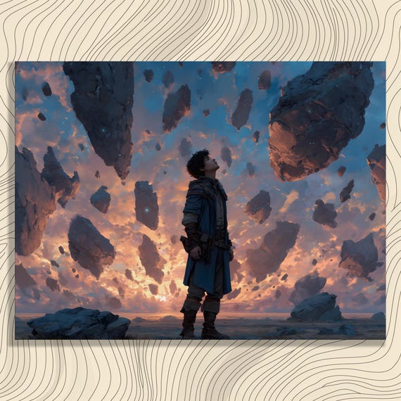 Surreal Landscape Canvas Wall Art Modern Surrealism Floating Rocks Fantasy Dramatic Sky Blue Orange