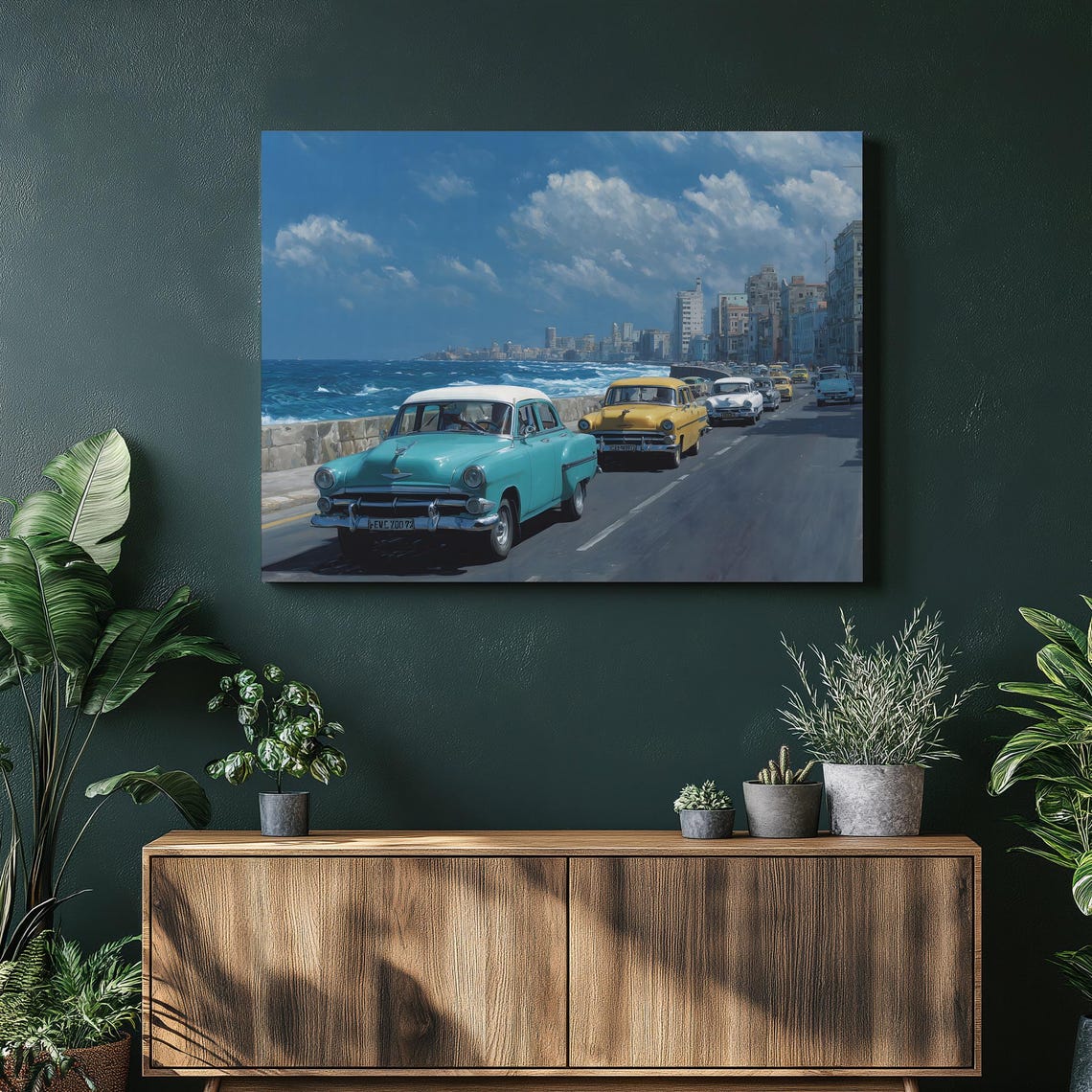 Vintage Coastal Cars Canvas Wall Art Classic Car Painting Ocean Vista Road City Skyline Travel Poster Seaside Print Tropical Decor