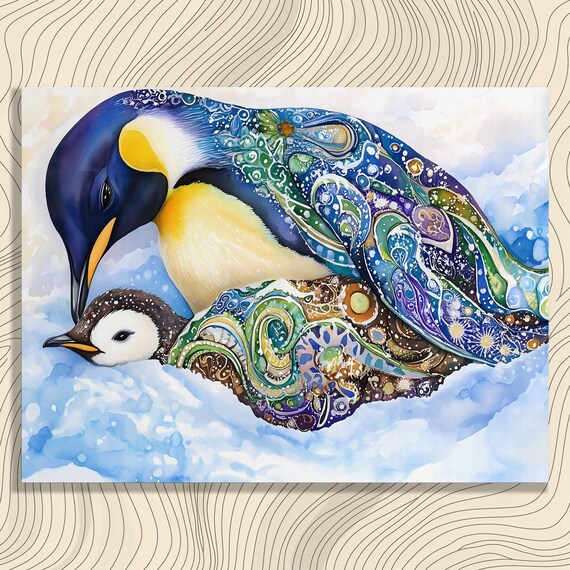 Joyful Penguins Mother And Chick Colorful Watercolor Wildlife Poster