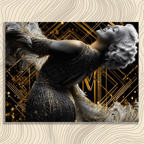 Art Deco Flapper Canvas Wall Black Gold Geometric 1920s Glamour Vintage Fashion Portrait Luxury Home Decor Retro Style Speakeasy Gift