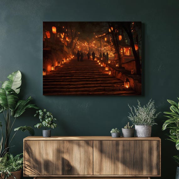 Lantern Festival Canvas Wall Art Glowing Temple Steps Night Scene Ancient Ruins Asian Landscape Spiritual Decor Meditation Gift Dark