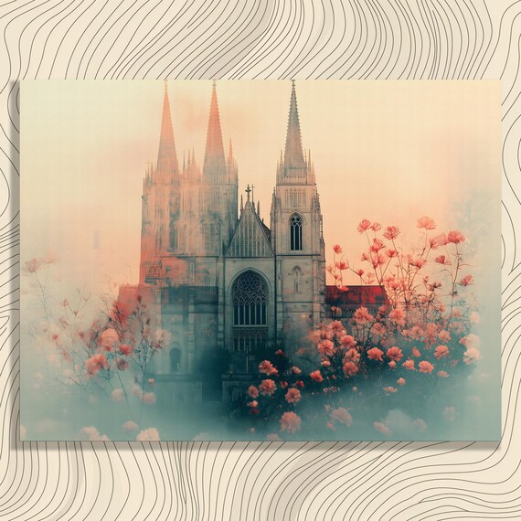 Dreamy Gothic Cathedral Canvas Wall Art Vintage Floral Abstract Surrealist Landscape Print Romantic Painting Gift Decor For Lovers