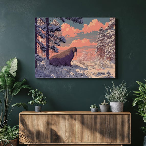 Walrus Winter Forest Canvas Wall Art Snow Covered Sunset Skies Pine Trees Nature Print Modern Nordic Wildlife Decor Gift