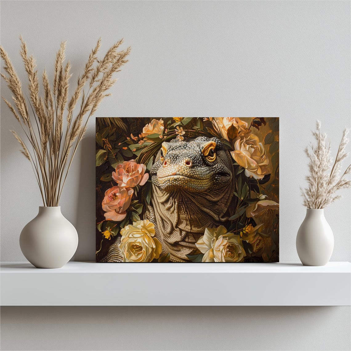 Komodo Dragon Canvas Wall Art Tropical Lizard Painting Floral Decor Romanticism Forest Lover Gift Home Decoration Large