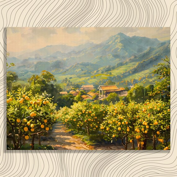Sunlit Citrus Orchard Village Mountains Valley Landscape Decor Poster