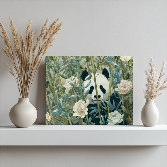 Panda Bamboo Peony Canvas Wall Art Modern Wildlife Nature Print Botanical Poster Style Grove Greenery Painting Floral Animal Decor