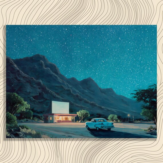 Retro Drive In Canvas Wall Art Classic Car Theater Starry Night Sky Print Desert Mountain Landscape Vintage Decor Painting Gift