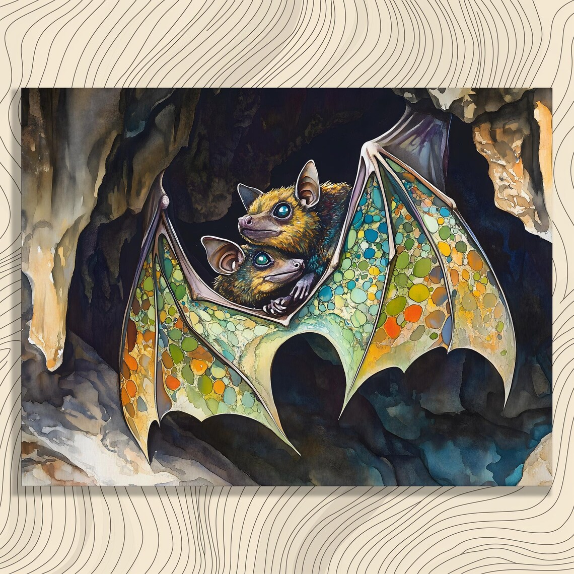 Mosaic Winged Bat Pair Watercolor Cave Scene Wildlife Painting Poster