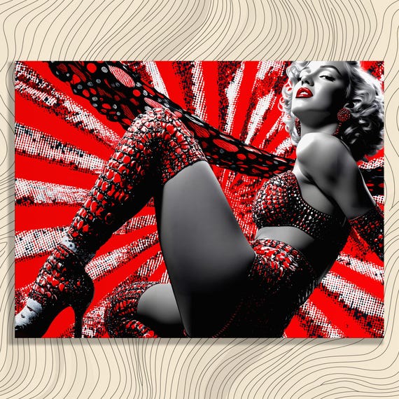 Retro Pin Up Canvas Wall Art Bold Pop Illustration With Red Lipstick Comic Book Style Halftone Burst Blonde Bombshell Studded Boots