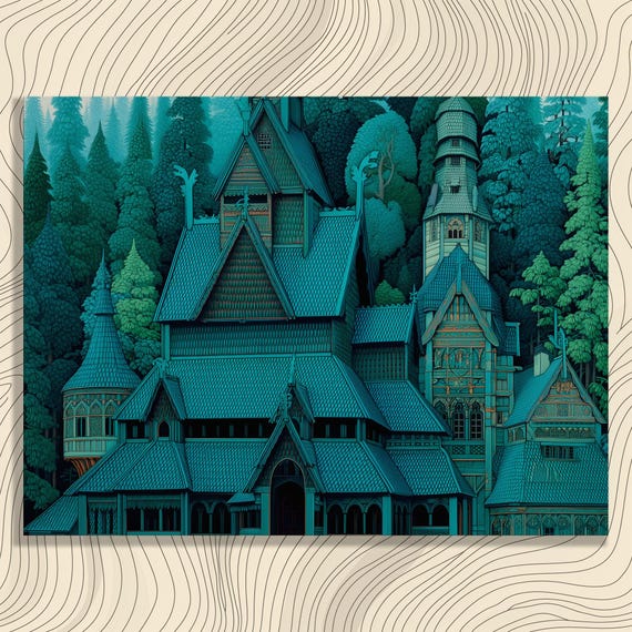 Stave Church Canvas Wall Art Vintage Gothic Wooden Forest Landscape Artwork Print For Enthusiasts And Nature Lovers