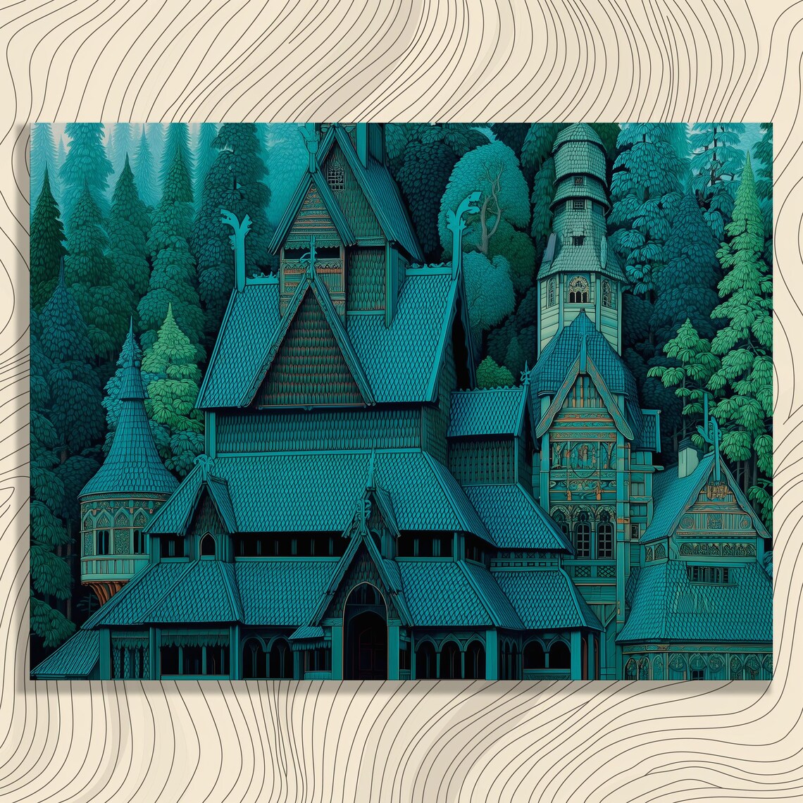 Wooden Stave Church In Teal Forest Poster Vintage Gothic Illustration