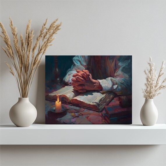 Praying Hands Open Bible Candlelight Devotional Prayer Art Poster