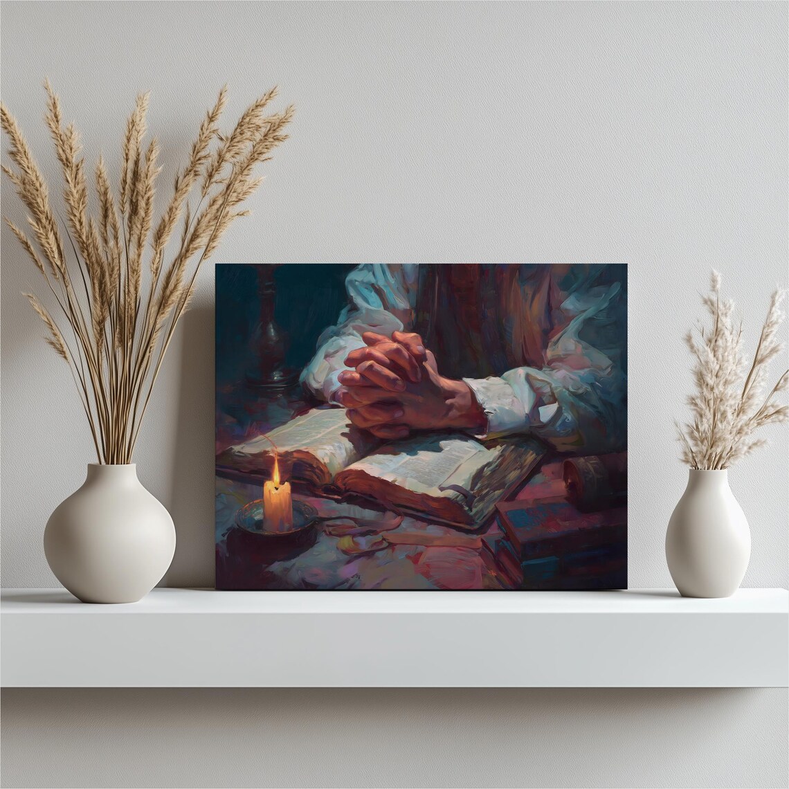 Praying Hands Open Bible Candlelight Devotional Prayer Art Poster