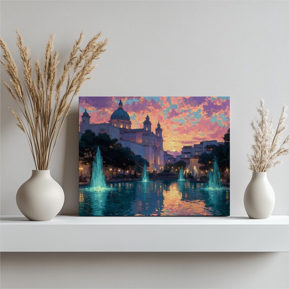 Sunset Cityscape Canvas Wall Art Illuminated Cathedral Plaza Fountain Reflection Print Colorful Architecture Painting Urban Decor Gift