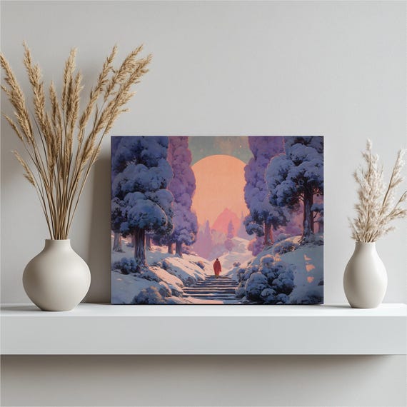 Snowy Pine Forest Canvas Wall Art Mystical Winter Landscape Painting Print Fantasy For Nature Lovers Gift Magical Decor