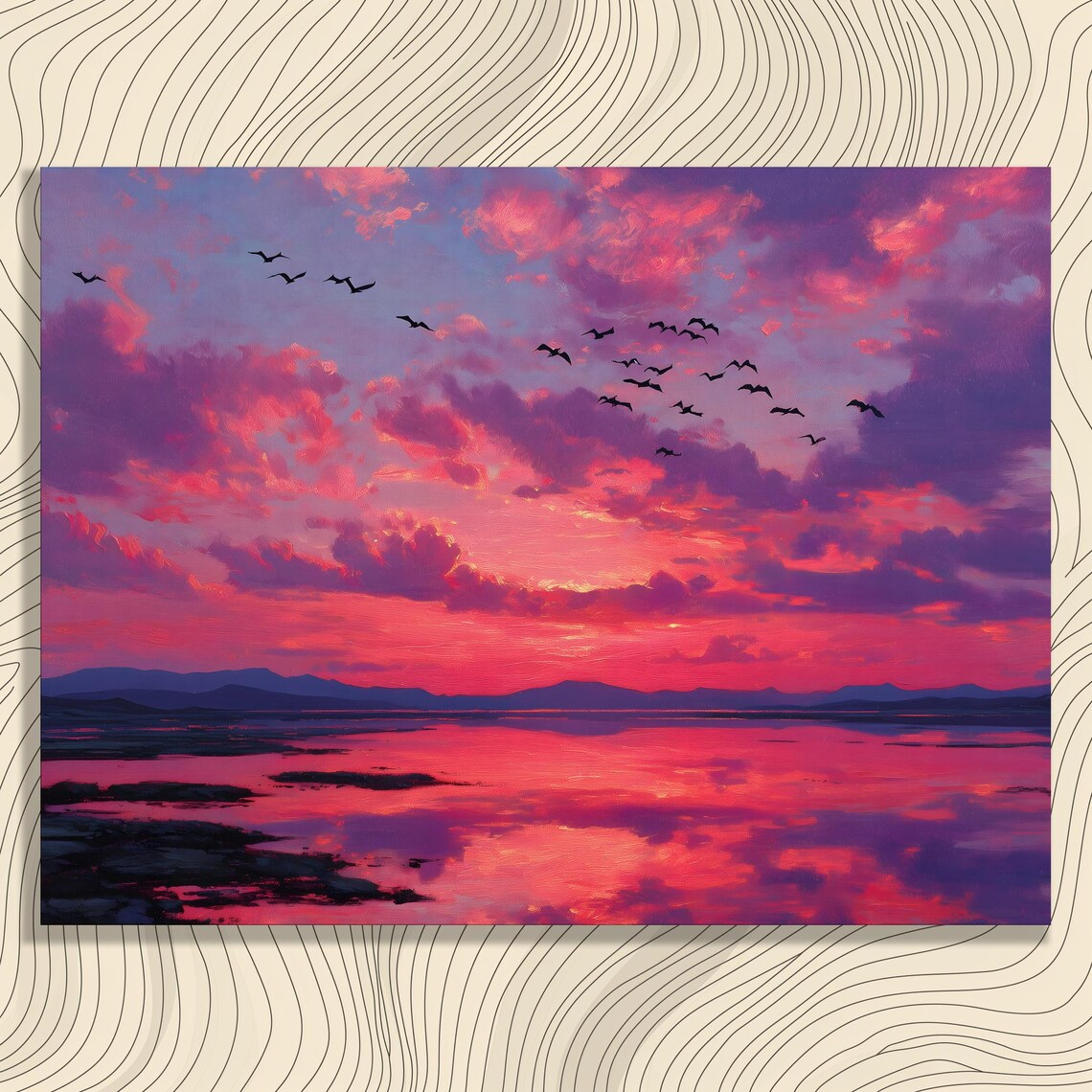 Vibrant Pink Sunset Sky Birds Over Water Ocean Waves Art Poster